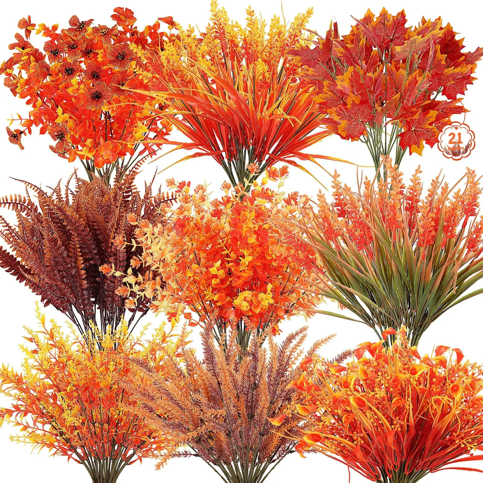 21 Bundles 9 Styles Artificial Fall Flowers for Outdoors Fall Decorations - UV Resistant Fall Plants Boxwood Fake Mums Maple Leaves Dasiy for Autumn Porch Patio Indoor Thanksgiving  Window Box Decor
