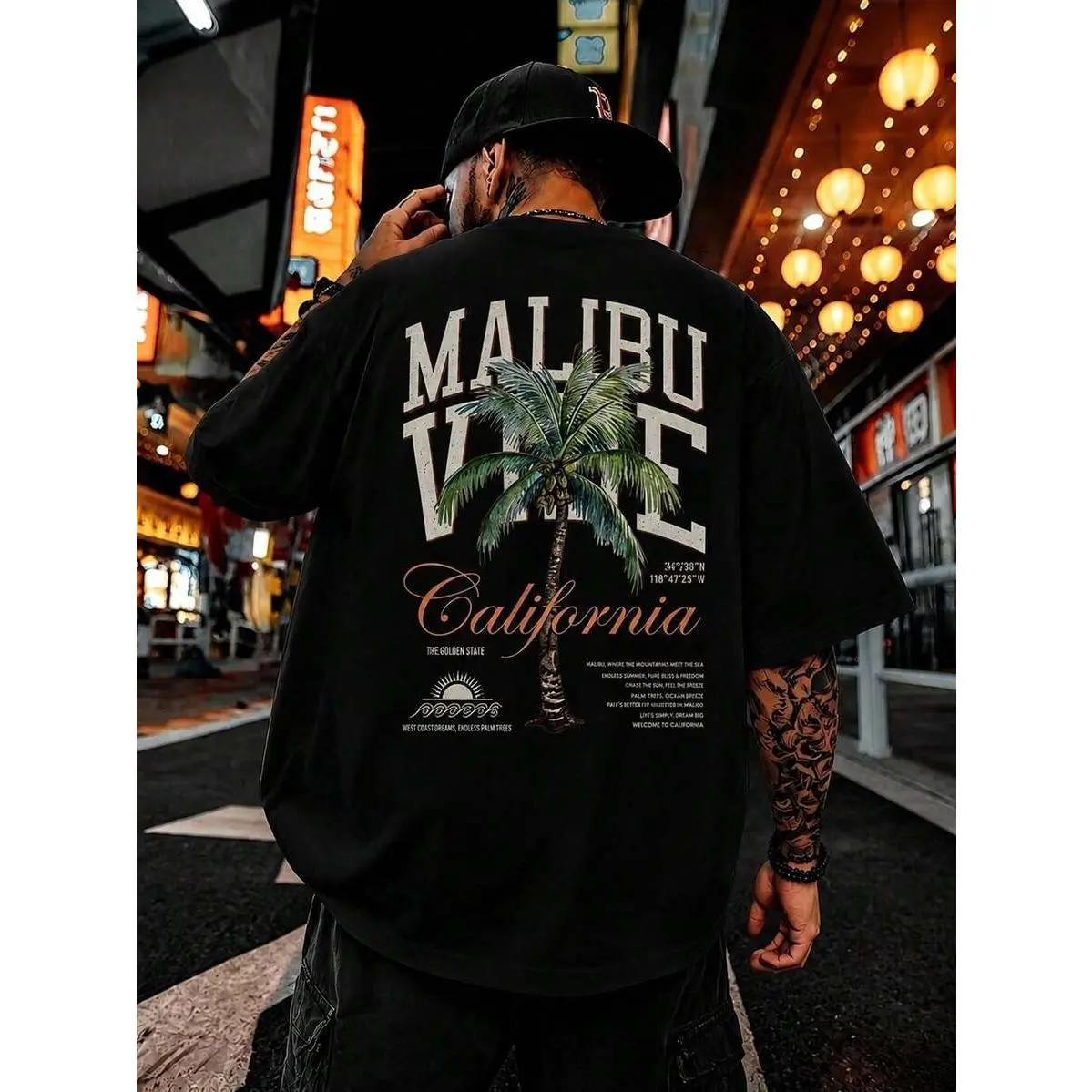100% Washed Soft Cotton Oversized Mens Graphic Tee Malibu California Palm Tree Print Crew Neck Short Sleeve Streetwear Casual Summer Men's T Shirts