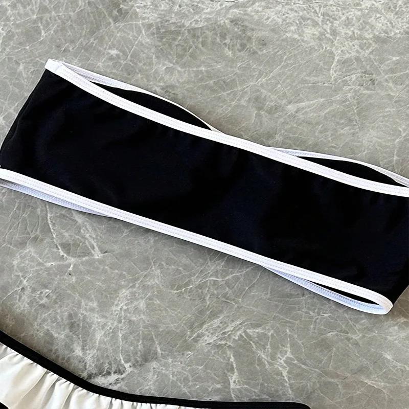 Women's Strapless Swimsuit 2-piece Suit Solid Color Patchwork Push Up Ruffle Thong Beach Hot Spring Bikini Set New Swimwear bandeau  bathing  top