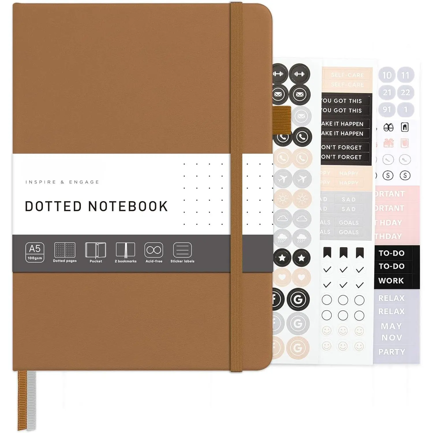 Dotted Journal Notebook – A5 Hardcover, 160 Pages 100gsm Pa, Dot Grid Notebook for Planning & Creative Journaling, 3 Sticker Sheets Included (Light Brown)