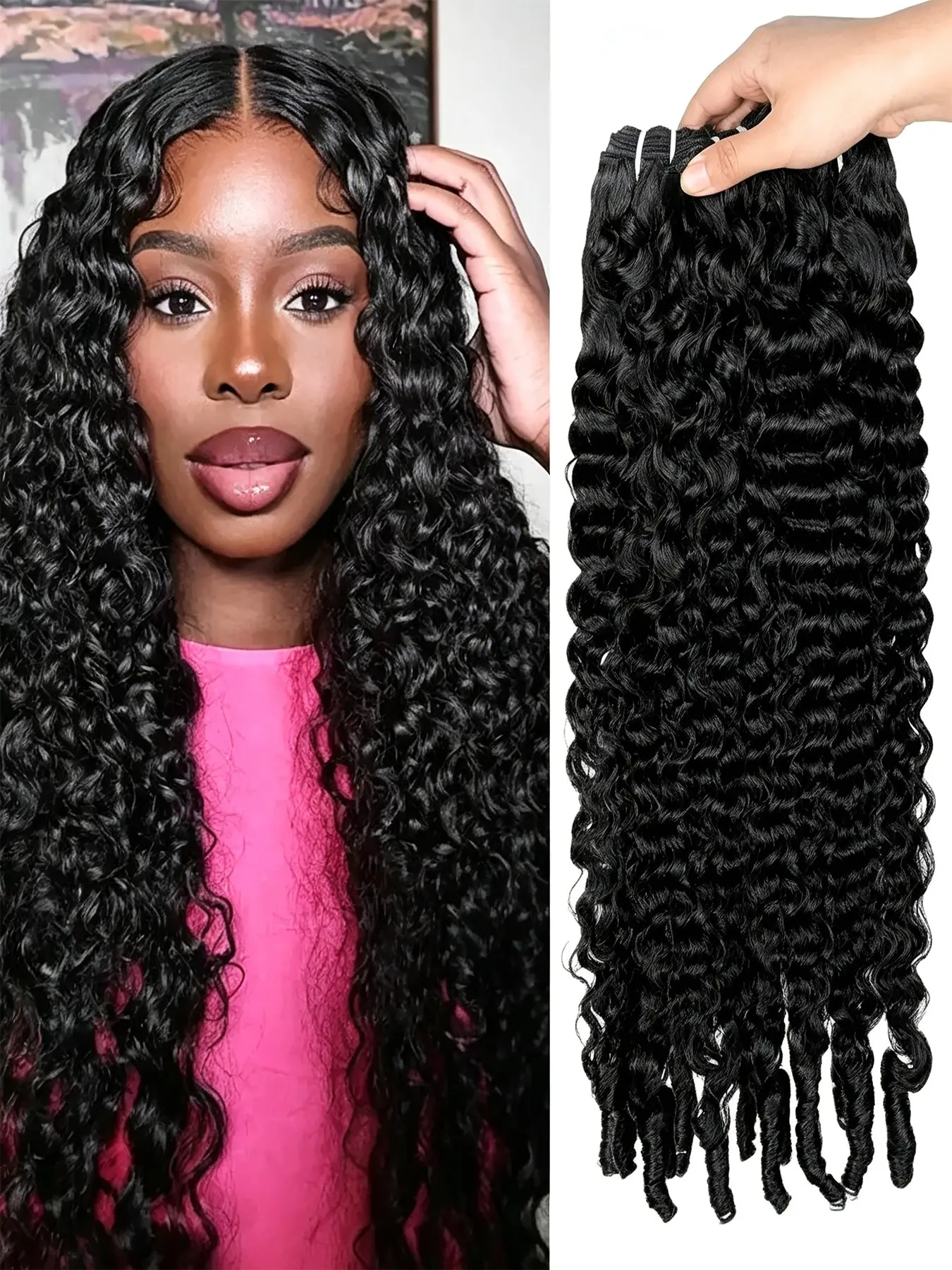 Myanmar Curly Hair Bundles, Synthetic Fiber Spiral Ends, Quick Water Wave Hair Extensions, 3 Packs, Natural, 90g, for Women
