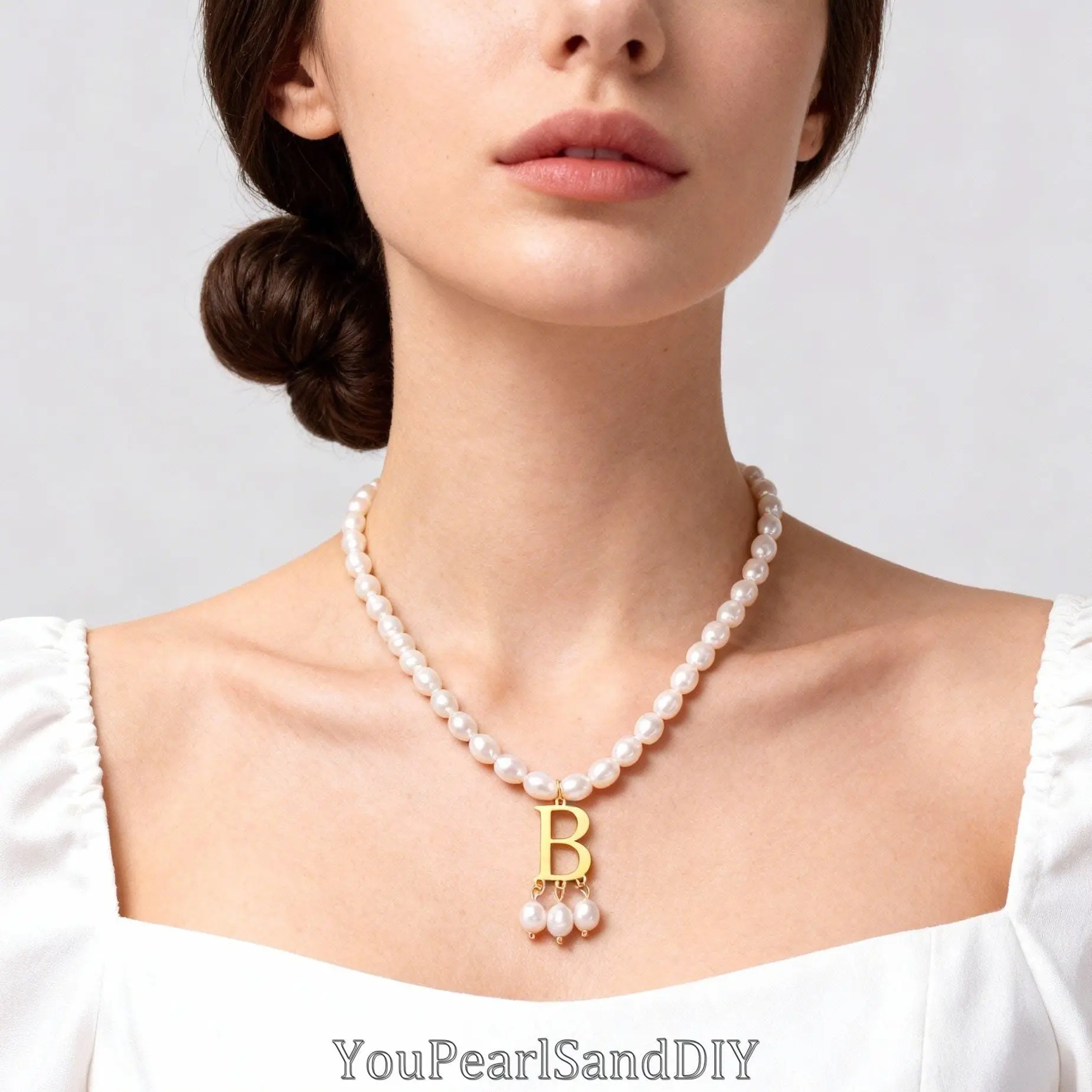 AS787 Personalized Pearl Initials Pendant, Pearl Stainless Steel Letter Necklace, Birthday Gift for Women