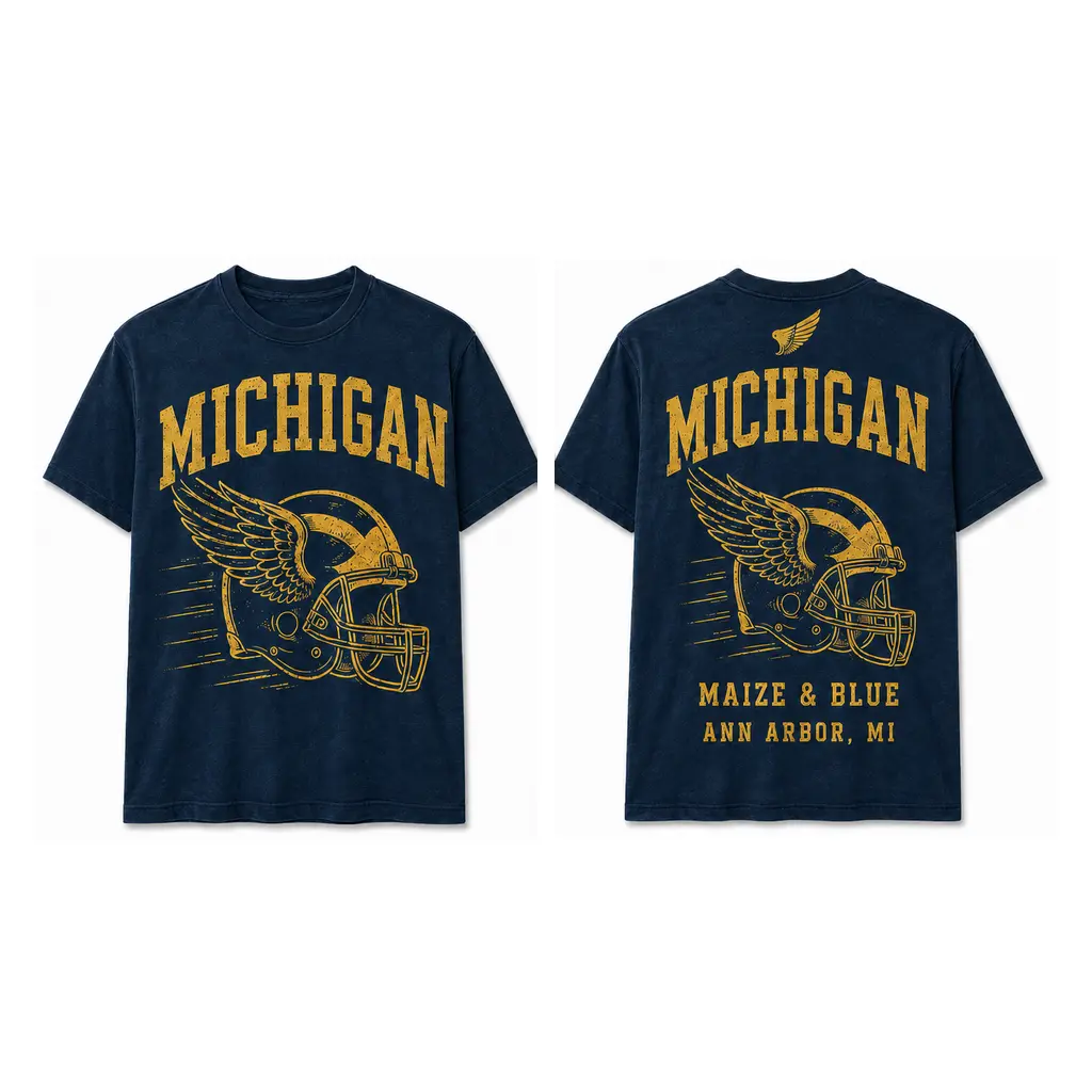 Michigan Winged Helmet Vintage Football Graphic T-Shirt, Navy and Maize Game Day Crew Neck Tee, Front and Back Print