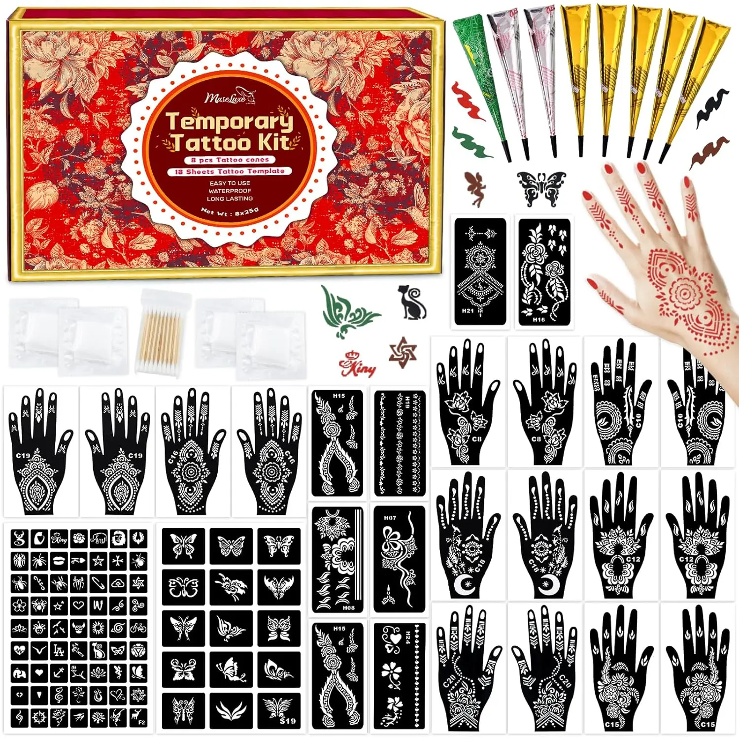 Unisex Stenciled Temporary Tattoos Kit - 8 Stencils, 4-Color Ink (Brown, Black, Cherry Red, Green), Glove, DIY Body Art for Adults & Kids, Express Yourself, Diy Body Art Painting, 8 Pcs, Easy To Use, Fun Kit, Lasts Days, Natural Temporary Body Art
