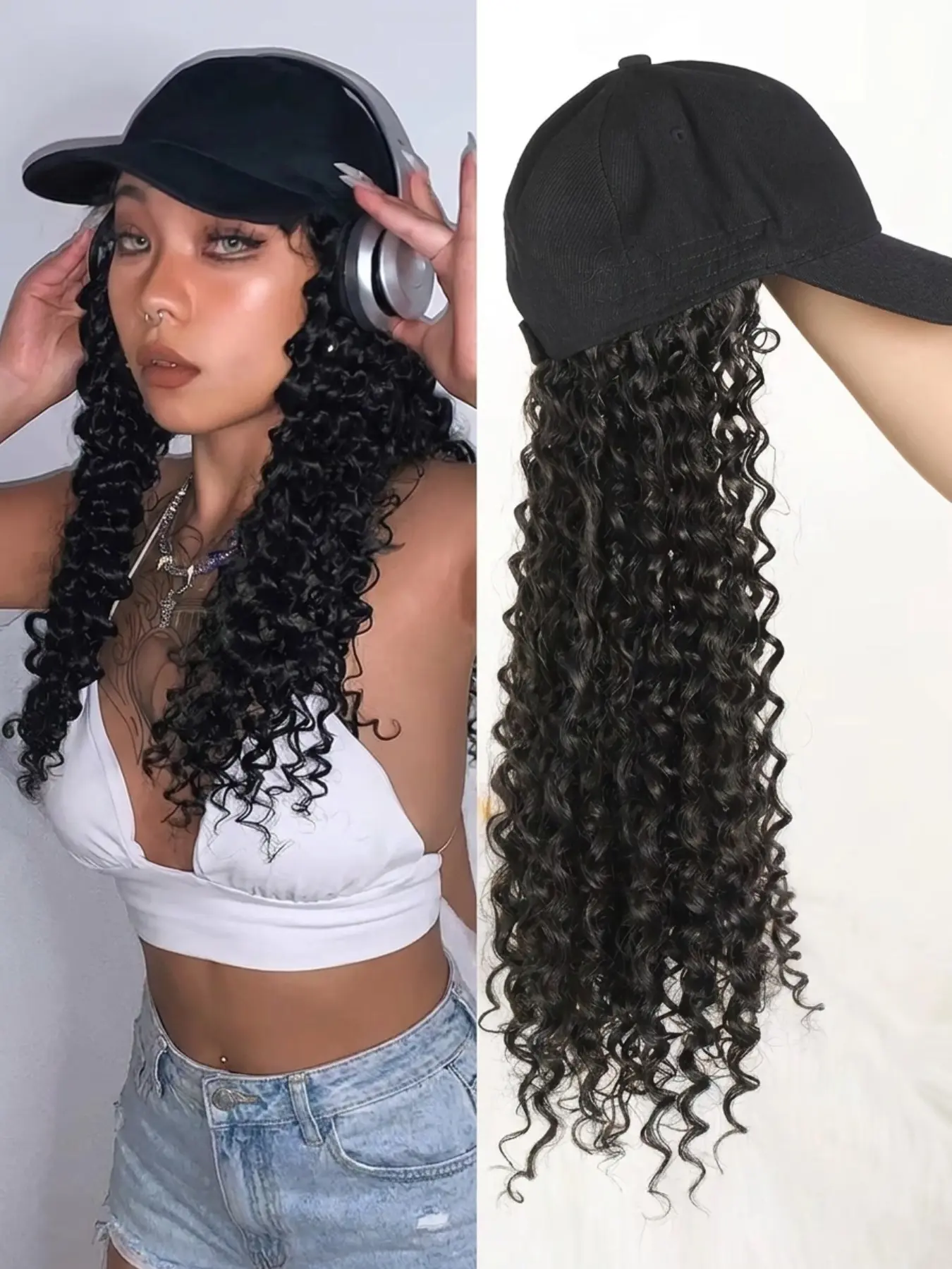 Gradient Dense Small Curl Baseball Cap Wig, No Glue, Natural Curl Hat Wig, Easy to Wear, Daily Use, Non-Itchy, Non-Tangle, Synthetic Curly Wigs