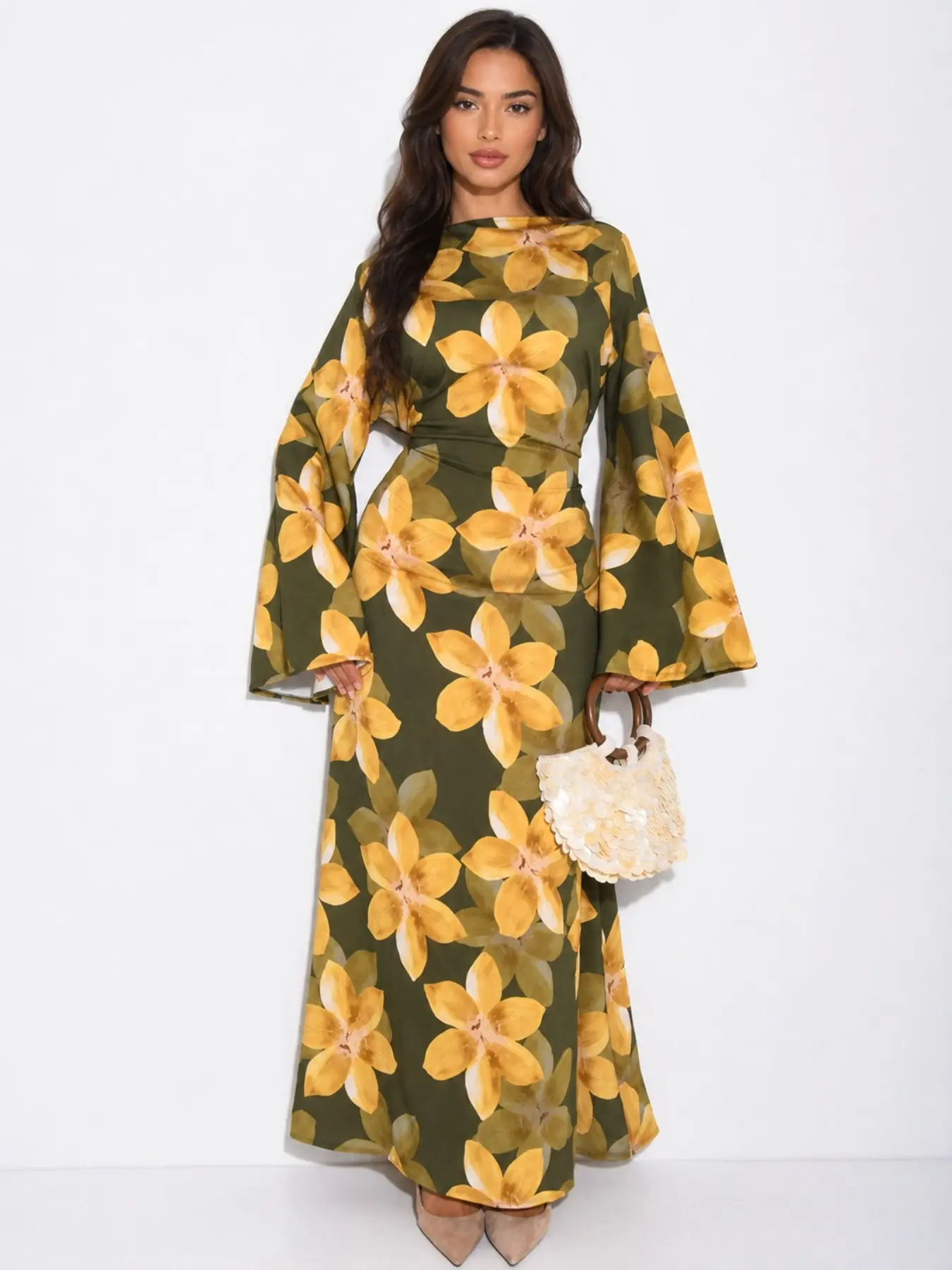 New Muslim Women Stand Collar Bell Sleeve Floral Print Long Dress, Ruched Texture Waist Slimming Kaftan, Casual Spring & Fall, Elegant Islamic Clothing