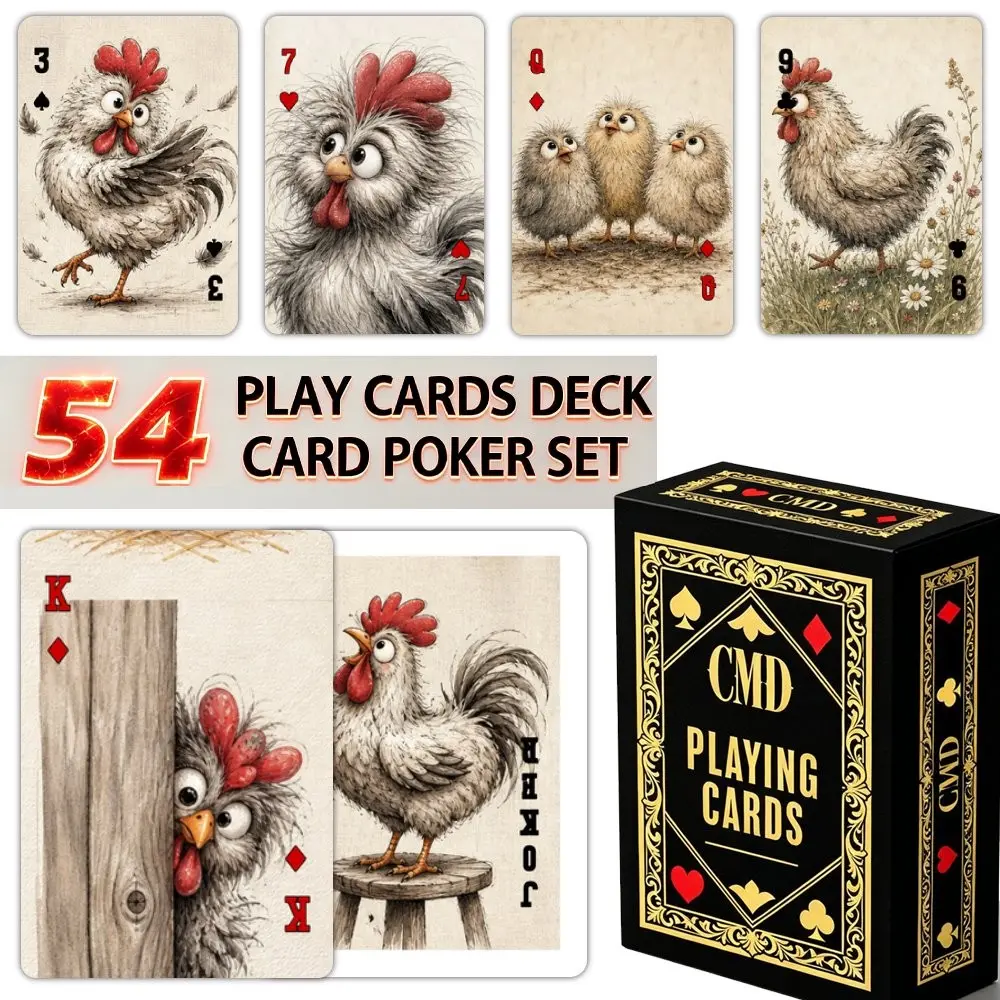 1 set of 54 standard playing cards, vintage hand-painted cute chicken pattern collectible poker cards, travel sized game supplies suitable for family nights and party events, suitable for New Year's, Halloween, Christmas, Thanksgiving, and Oktoberfest