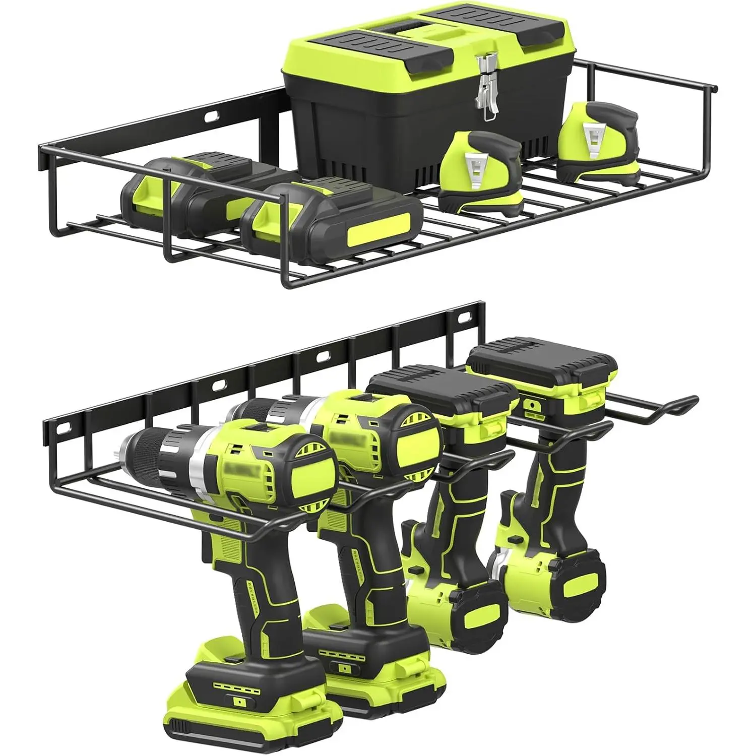 1/2 tier Power Tool Organizer Storage Rack, Wall Mount Drill Holder for 4 Power Drill Tools, Cordless Battery Tool Shelving for Garage, Workshop
