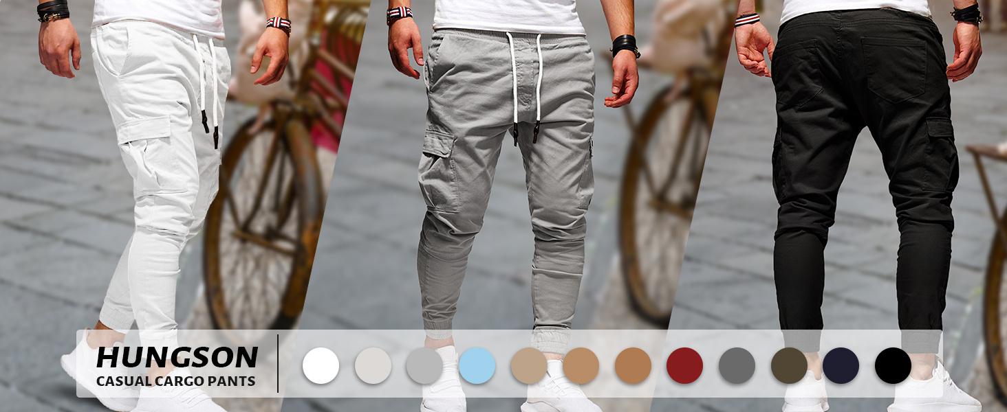 HUNGSON Men's Slim Fit Cargo Pants Slimming Drawstring Mid Waist Casual Trousers for Men Above Ankle Length with Slanted Pockets Versatile Lightweight Bottoms for Daily Wear All Seasons Functional Elastic Waistband for Everyday Wear