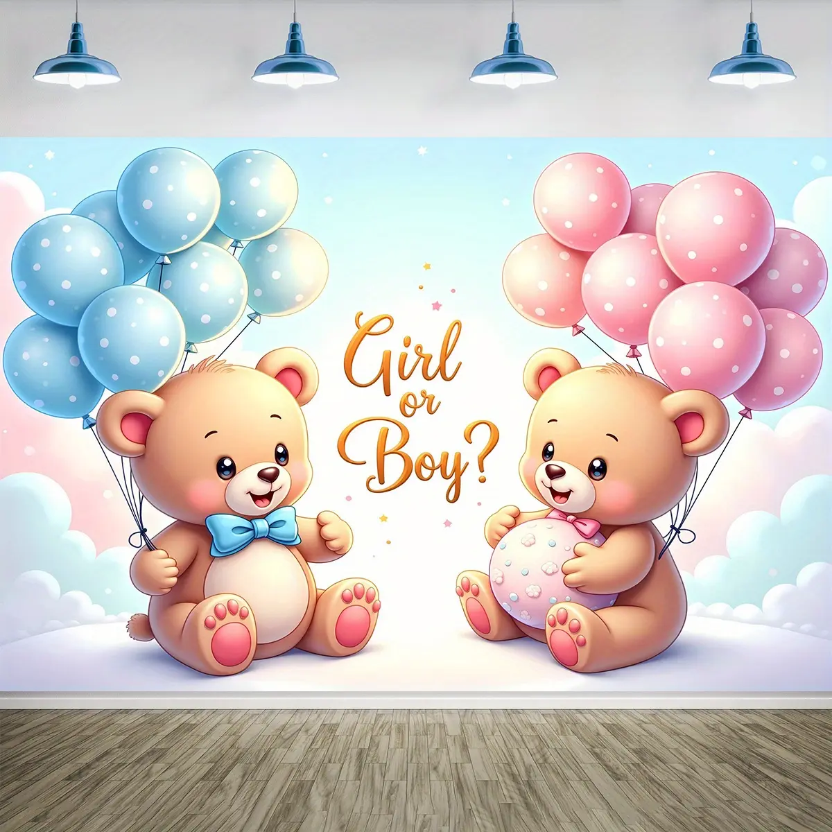 1 piece, 2D fabric background gender revealing wall decoration banner, party banner, Gender Reveal Backdrop with pink and blue teddy bears, balloons, and cloud design, used for photo booth background and indoor/outdoor event party supplies decoration