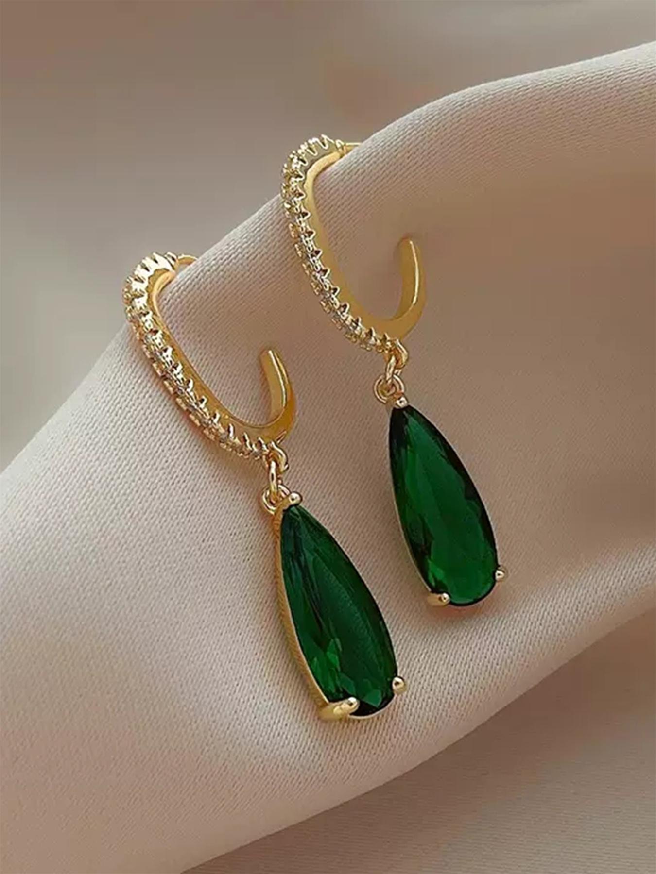 1 Pair Artificial Gemstone & Rhinestone Decor Dangle Hoop Earrings, Elegant Fashion Jewelry For Party, Daily Clothing Decor For Girl, Ladies Anniversary Birthday Jewellery Gift, Classic Style Earrings