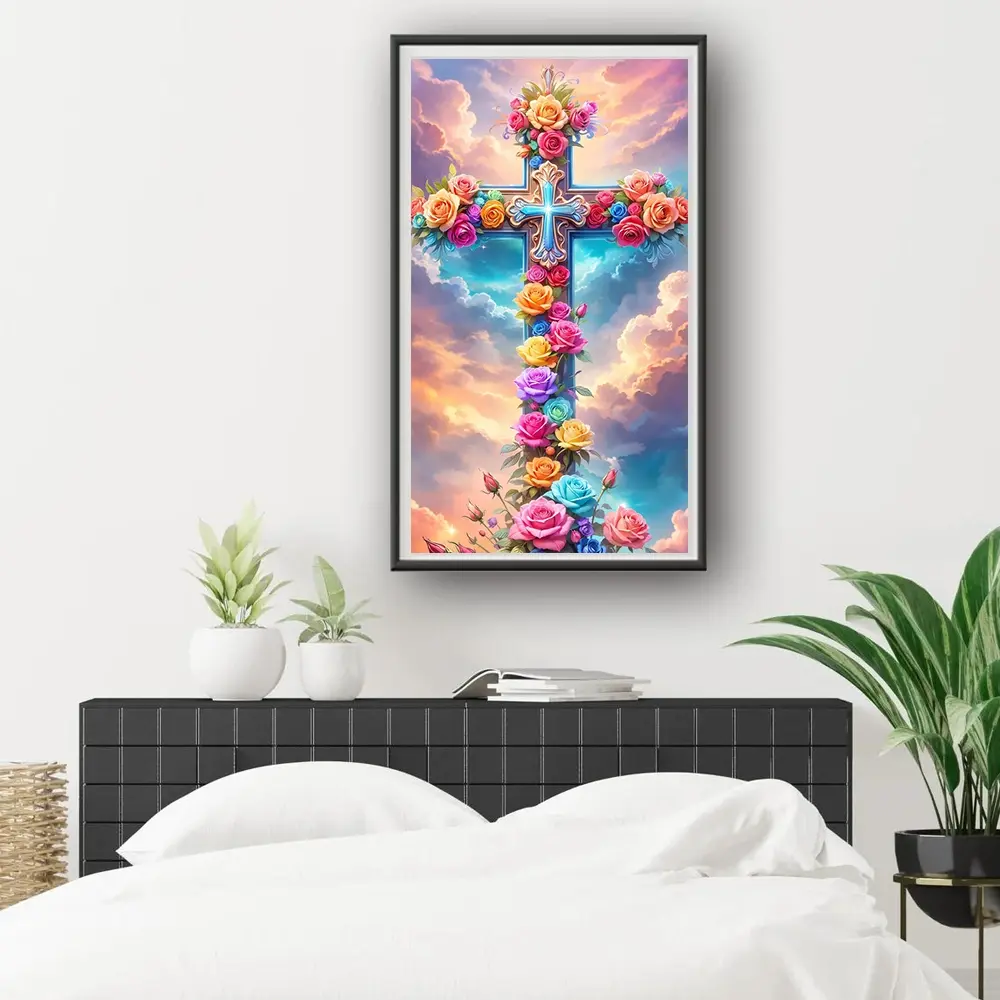 One piece 2D flat unframed DIY diamond painting kit with religious cross and colorful flowers design, ideal for home wall decoration and gift-giving for adults.