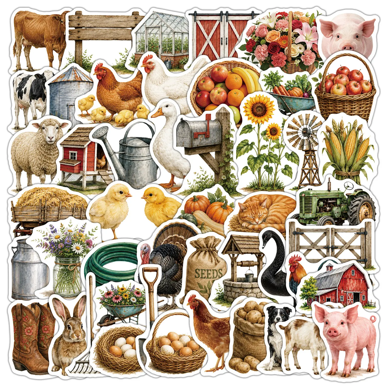 50pcs Vintage Autumn Harvest Farm Animal Series Stickers, Office Supplies Suitable for Decorating Scrapbooks, Journals, Laptops, Water Bottles, Cars and More, Creative Birthday Gifts