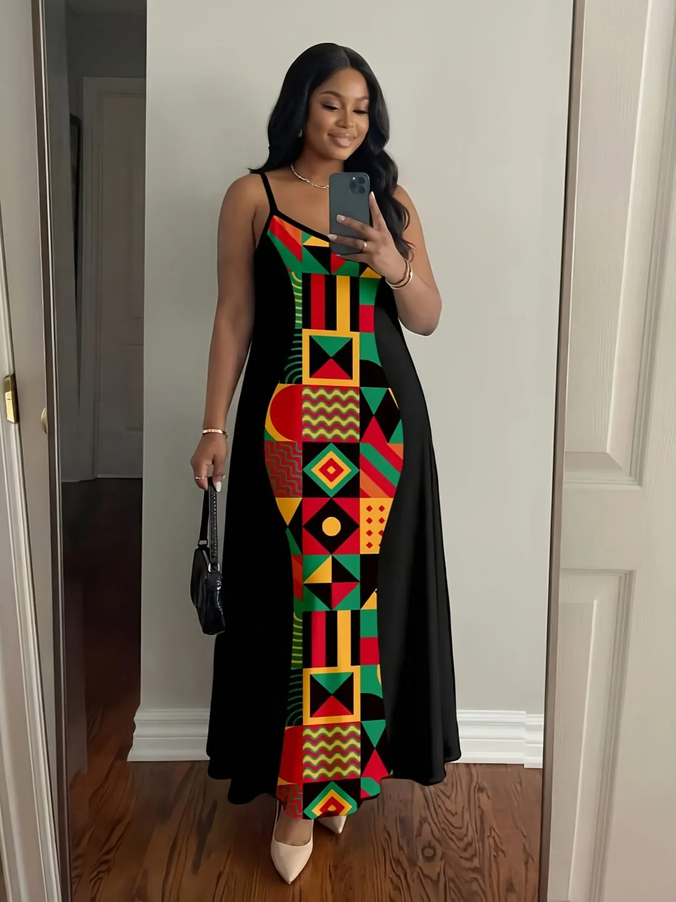 Plus Size Women's Casual Digital Print Geometric Pattern Dress, Adjustable Straps, Loose-Fitting, Vacation & Date, Casual Beach Sundress, Beach Resort Wear