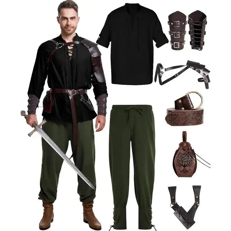 Men's 8-Piece Durable Polyester Knit Weave Historical/Period Woven Renaissance Costume Set - Medieval Events, Halloween Pirate Outfit, Festive Party Supplies Accessories (Pants Included), Medieval-Themed Events, Versatile Accessory Set