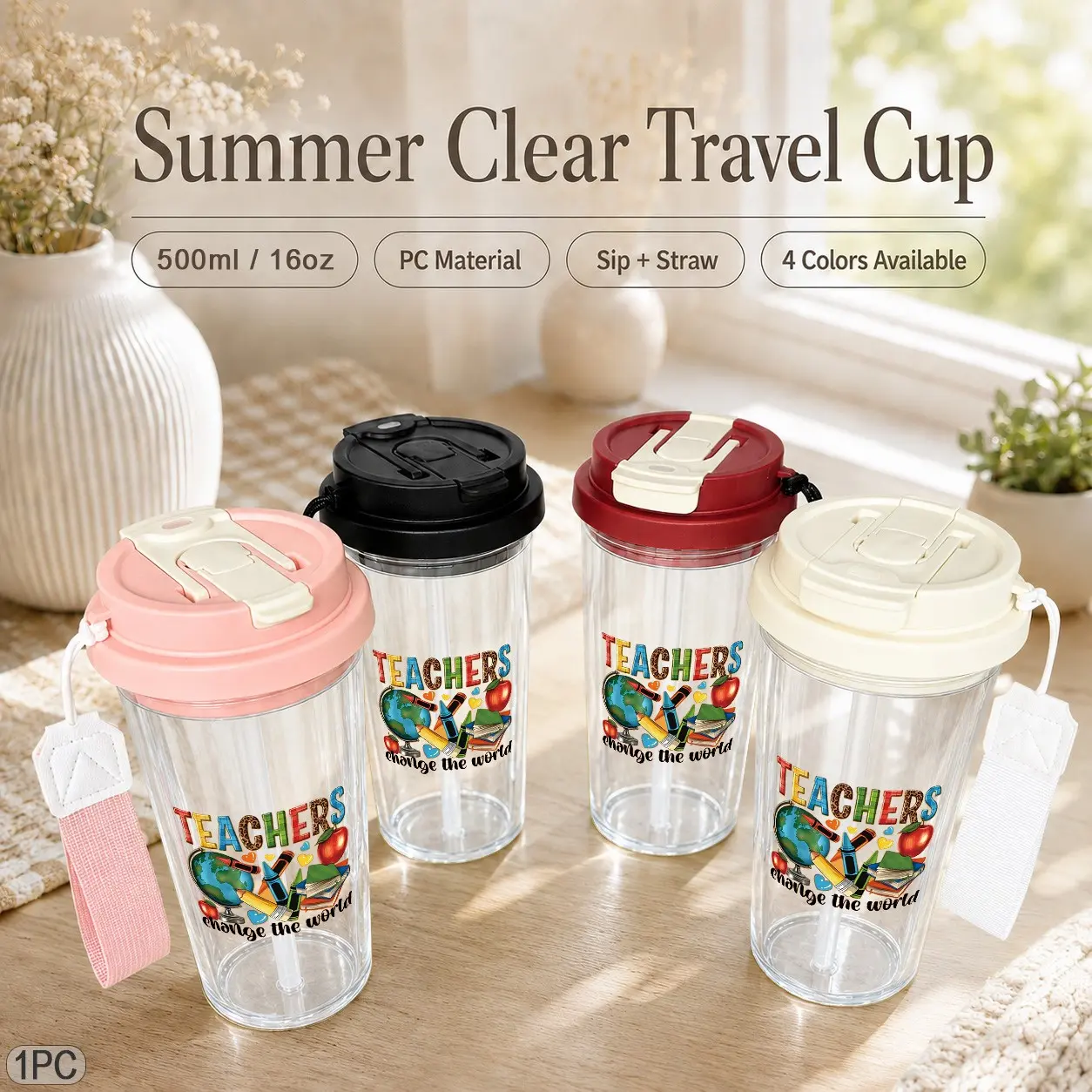 16oz Transparent PC Reusable Cold Drink Cup, Cute Teacher Theme Print, Press Flip Lid Straw with Handle, Ideal for Office and Daily Use