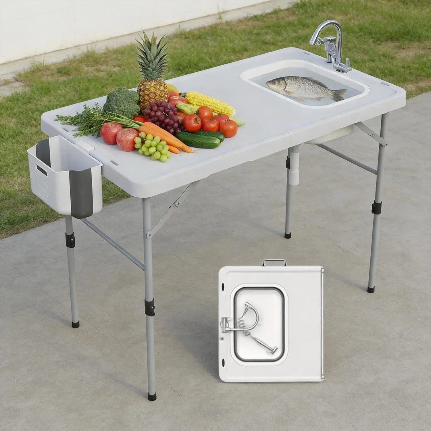 Portable Folding Fish Cleaning Table with Foldable Sink, Faucet, Drainage Hose & Sprayer - Portable Tables Folding, Camping Supplies Outdoor Fillet Station for Picnic, Dock, Backyard