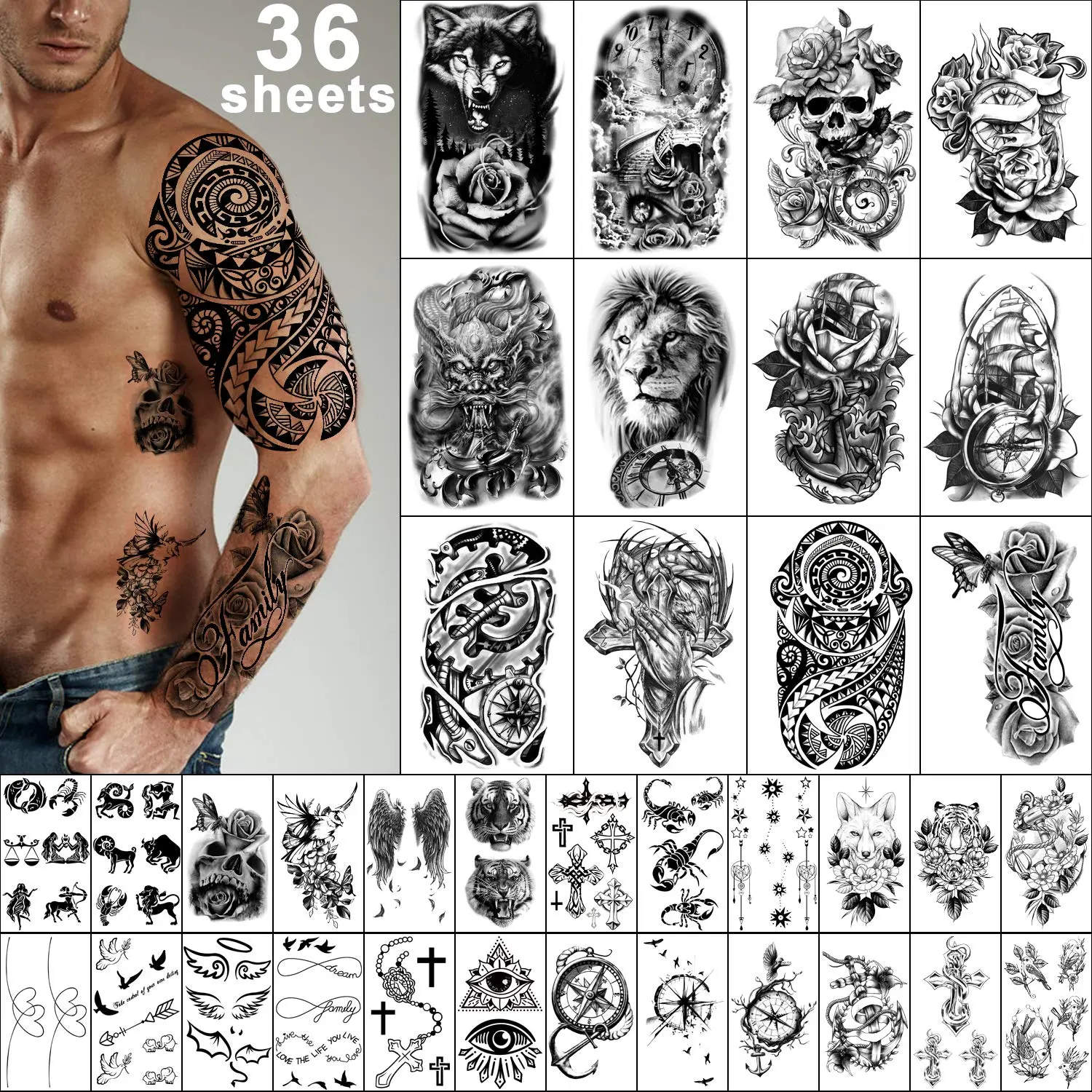36 Sheets Temporary Tattoos Stickers, 12 Sheets Fake Body Arm Chest Shoulder Tattoos for Men or Women with 24 PCS Tiny Black Tattoos