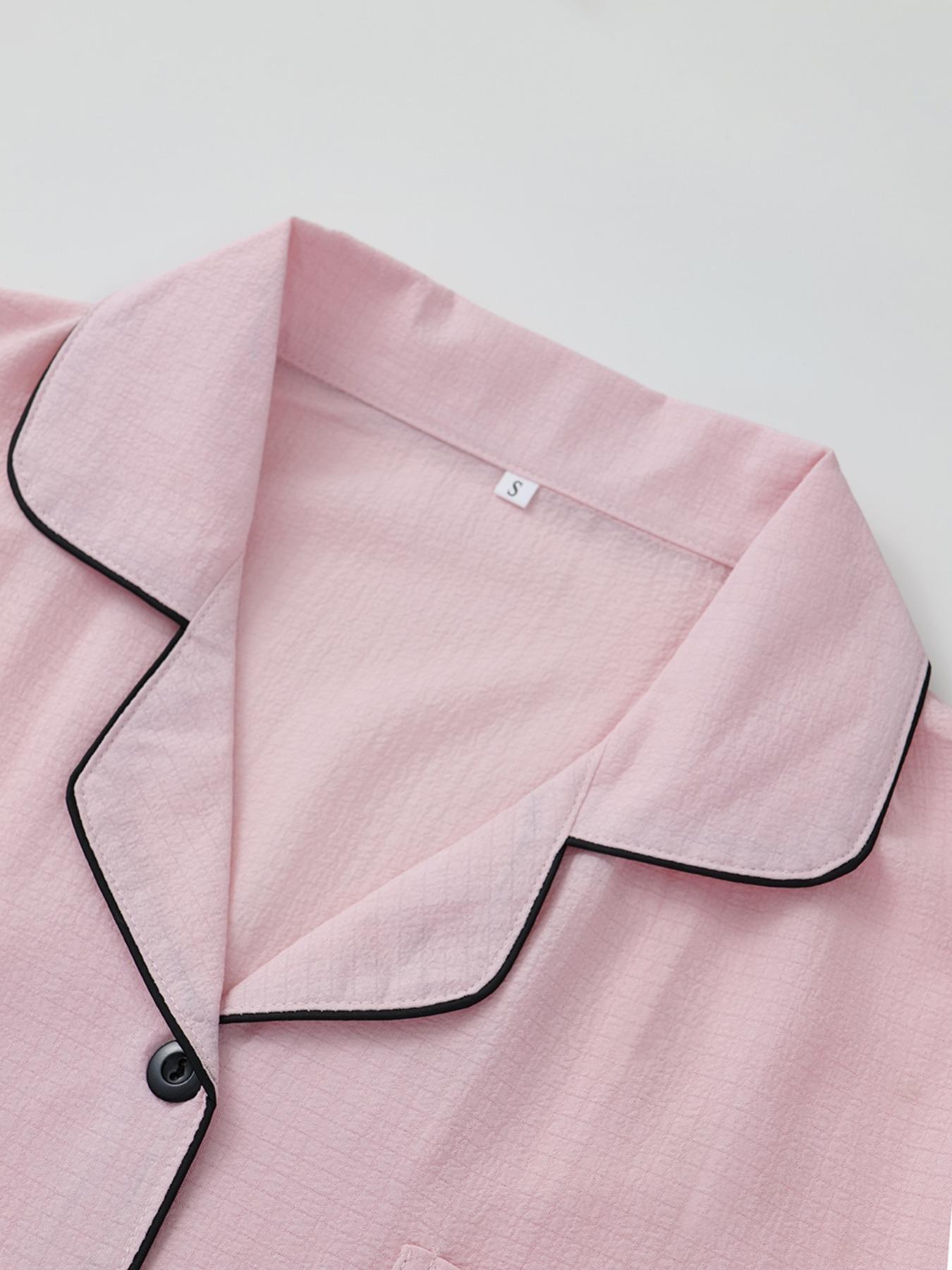 Women's Heart Embroidery Short Sleeve Pajama Set, Basic Casual Comfy Lapel Neck Pocket Shirt & Shorts Pj Set, Ladies Sleepwear for All Seasons, Loungewear