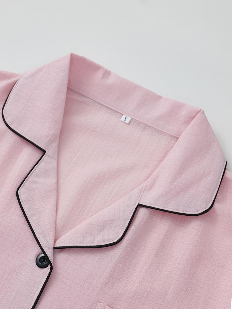 Women's Heart Embroidery Short Sleeve Pajama Set, Casual Comfy Lapel Neck Pocket Shirt & Shorts Pj Set, Ladies Sleepwear for All Seasons, Loungewear