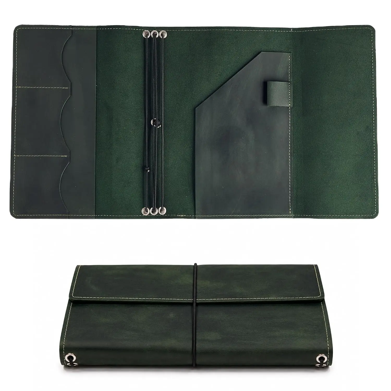 OMBUO Full-Grain Leather A5 Journal Cover - Refillable Traveler’s Notebook Case with 3 Elastic Bands, Pen Loop, Card Pockets - Fits A5 Planner Inserts/Half-Letter Inserts (Paper Not Included), Green