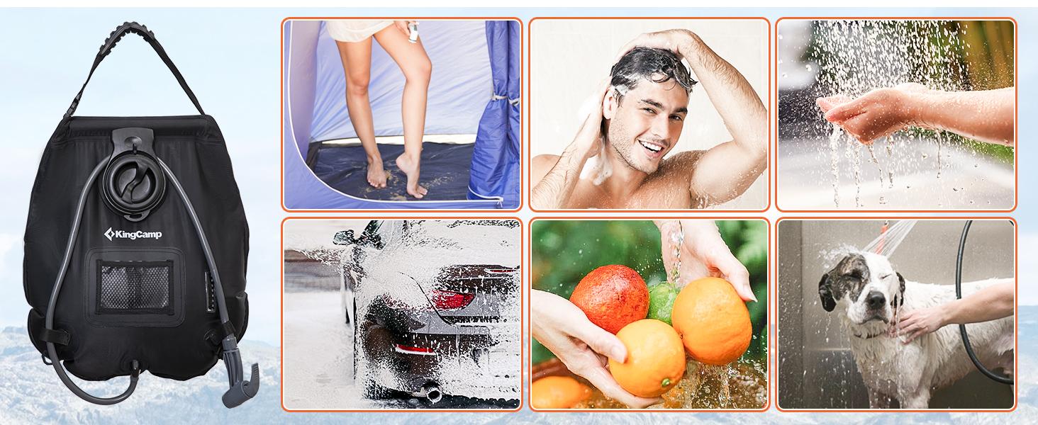 KingCamp Solar Shower Bag, Leak-Proof Design Camping Shower Bag with Thermometer, Removable Hose & Switchable Shower Head, 5 gallon/20L