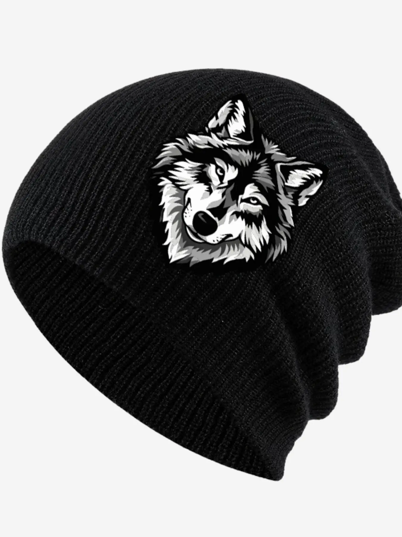Knit Beanie with Wolf Head Embroidery, Soft Thick Winter Hat, One Size Fits 58-62cm Head Circumference, Cozy and Stylish Accessory