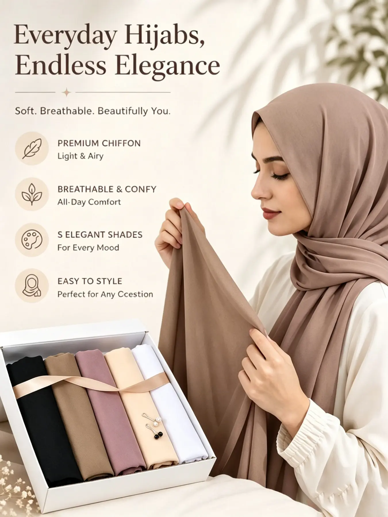 1 Box 5pcs Solid Color Chiffon Headscarves + 2pcs Hair Clips, Elegant Lightweight Scarf Set for Daily Casual Wear, All Seasons Turbans