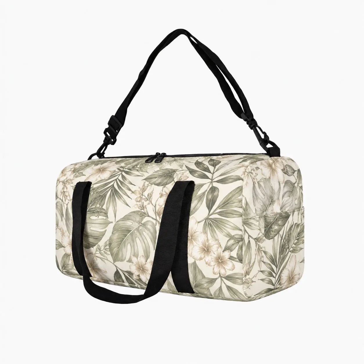Tropical Floral Travel Duffel Bag for Men Women, Cream Sage Weekender with Smooth Surface, Adjustable Shoulder Strap, Dual Carry Handles, Top Zipper and Side Pocket for Weekend Travel, Overnight Trips, Vacation, Road Trips, City Commute and Everyday Carry