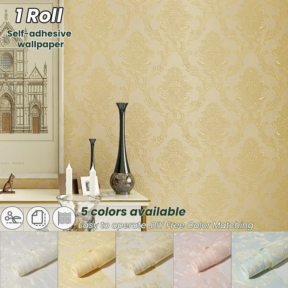 3D Embossed Damascus Peel and Stick Wallpaper, Vintage Floral Self Adhesive Sticker, Removable Waterproof for Bedroom Living Room, 5 Colors
