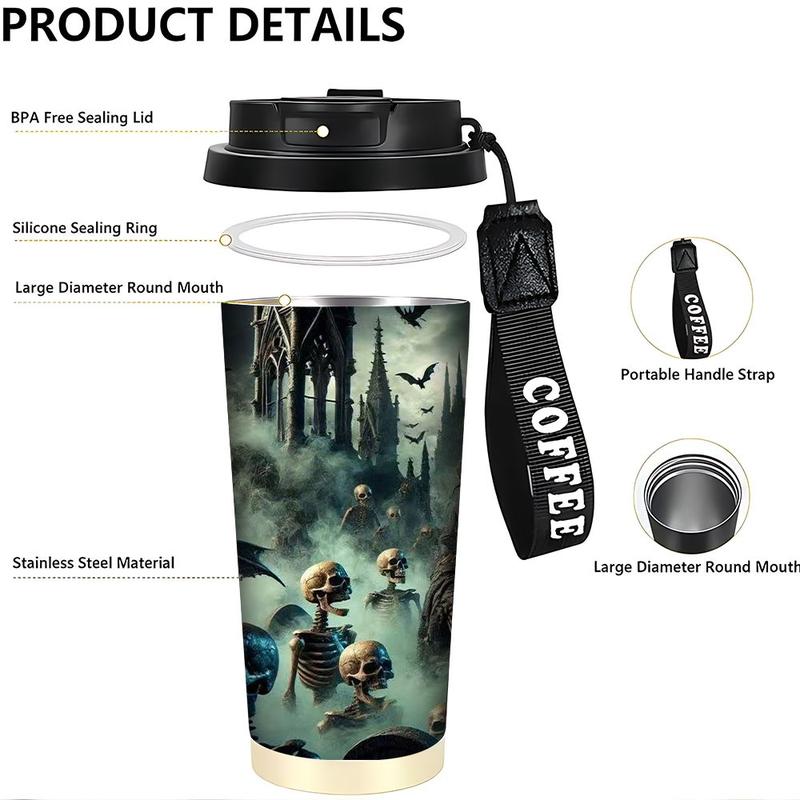 1pc 18oz Insulated Cup, Gothic Scene with Mysterious Character and Skeletal Hand, Double-Wall Design for Hot or Cold Beverages