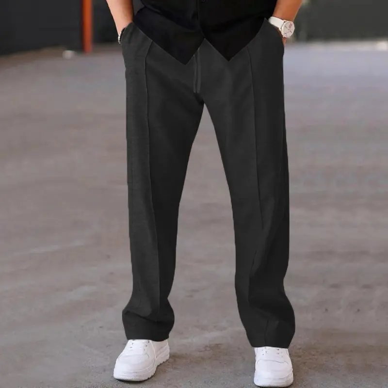 Men’s Casual Straight Leg Pants, Relaxed Fit Drawstring Trousers with Pockets, Elastic Waist Solid Color Pants for Work Travel Streetwear Weekend Business Casual and Everyday Wear