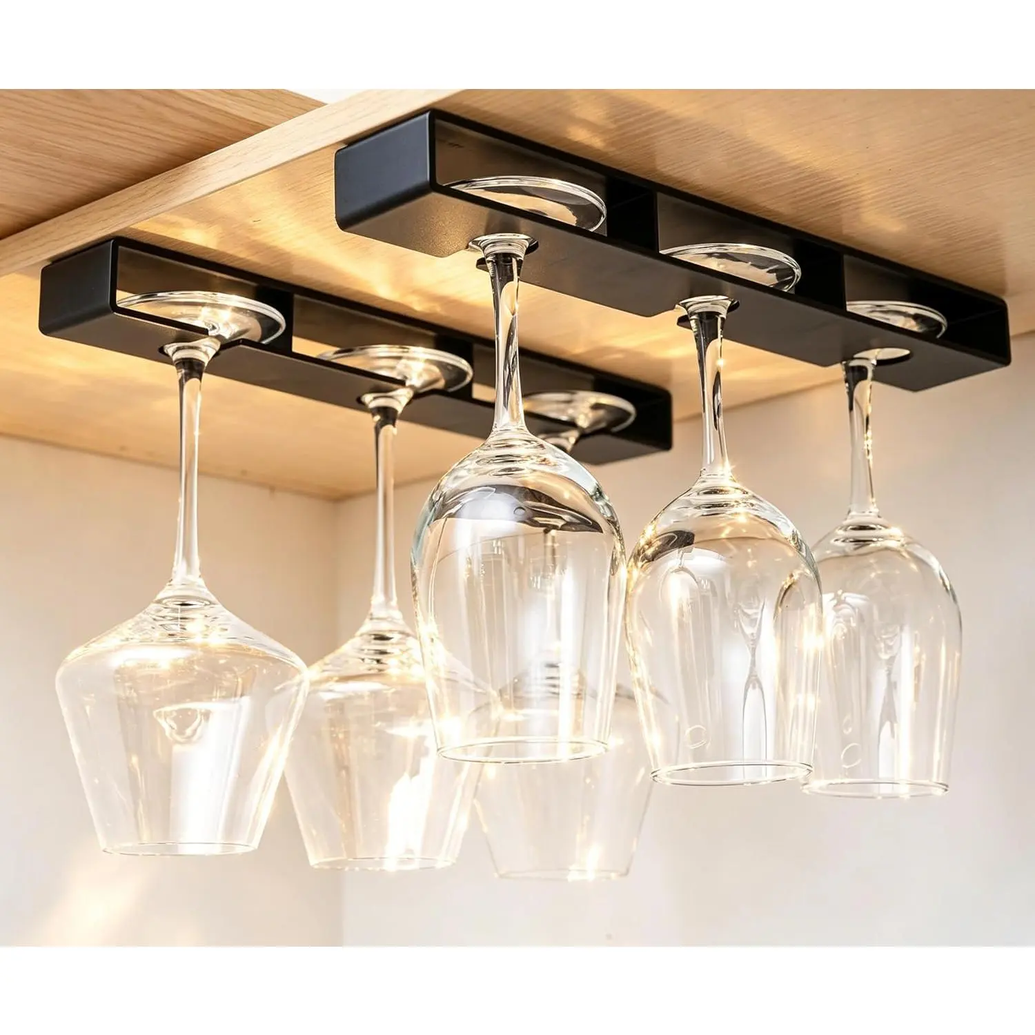 2Pack  Glass Holder Under Shelf Cabinet  Glass Rack Plastic Stemware Rack Glasses Storage Hanger Bar Kitchen  Glasses Organizer (black)