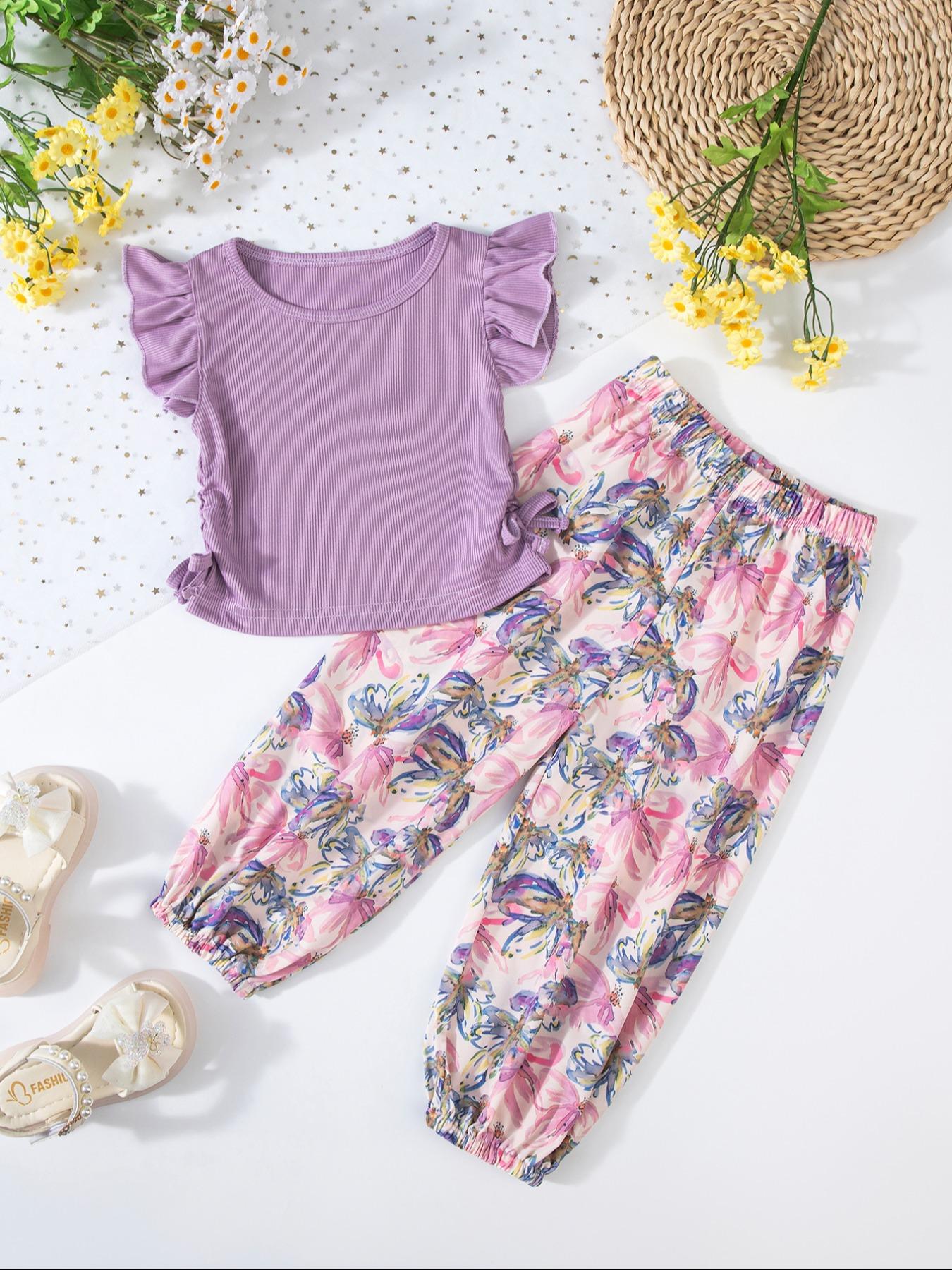 Toddler Girl's Ditsy Floral Print Frill Trim Ruffle Tee & Pants Set, Casual Soft Comfy Short Sleeve T-shirt & Trousers for Summer, Kids Clothes for Daily Wear