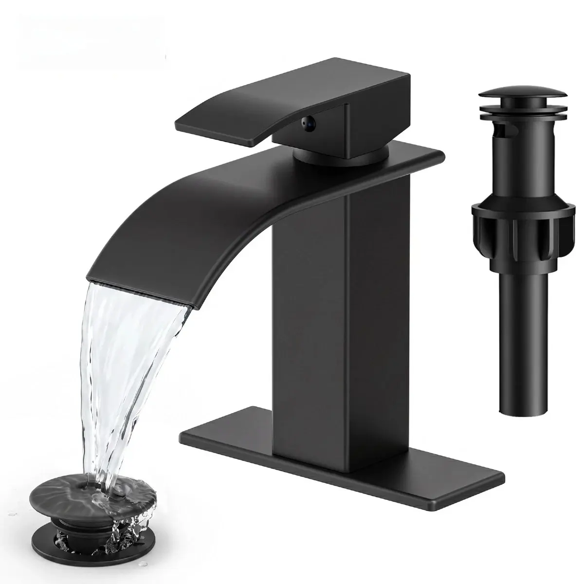 Matte Black Waterfall Bathroom Sink Faucet, SUS304 Stainless Steel Single-Handle Vanity Tap, Hot & Cold Mixer with Pop-Up Drain & Supply Hoses, Modern High-Flow Basin Faucet for Bathroom, RV