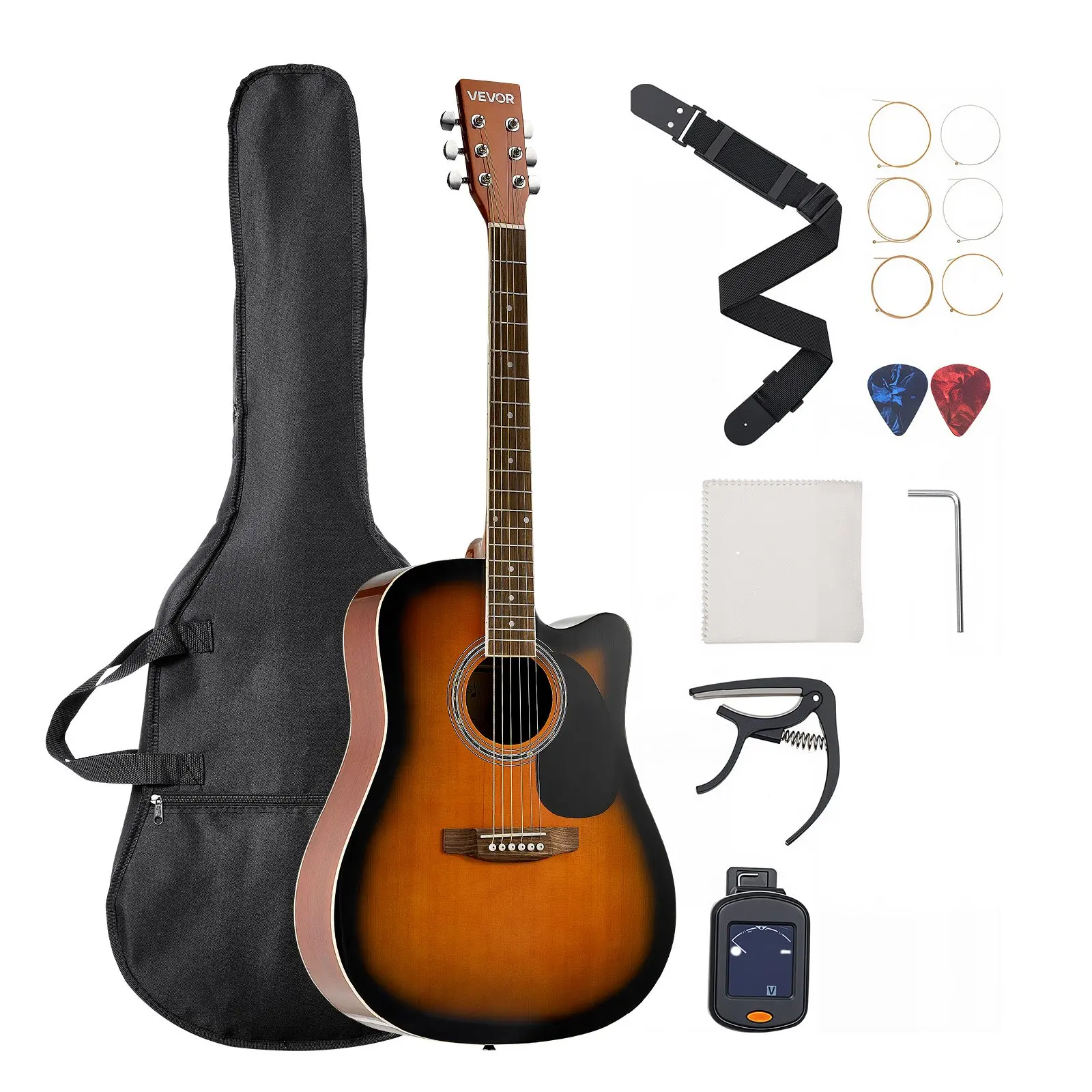 VEVOR 41-in Cutway Acoustic Guitar, 6-String with Sunburst Solid Spruce Top, Rosewood Fingerboard, Beginner Bundle Kit with Gig Bag, Tuner, Strap, Steel Strings, Picks, Capo for Fingerstyle Solo