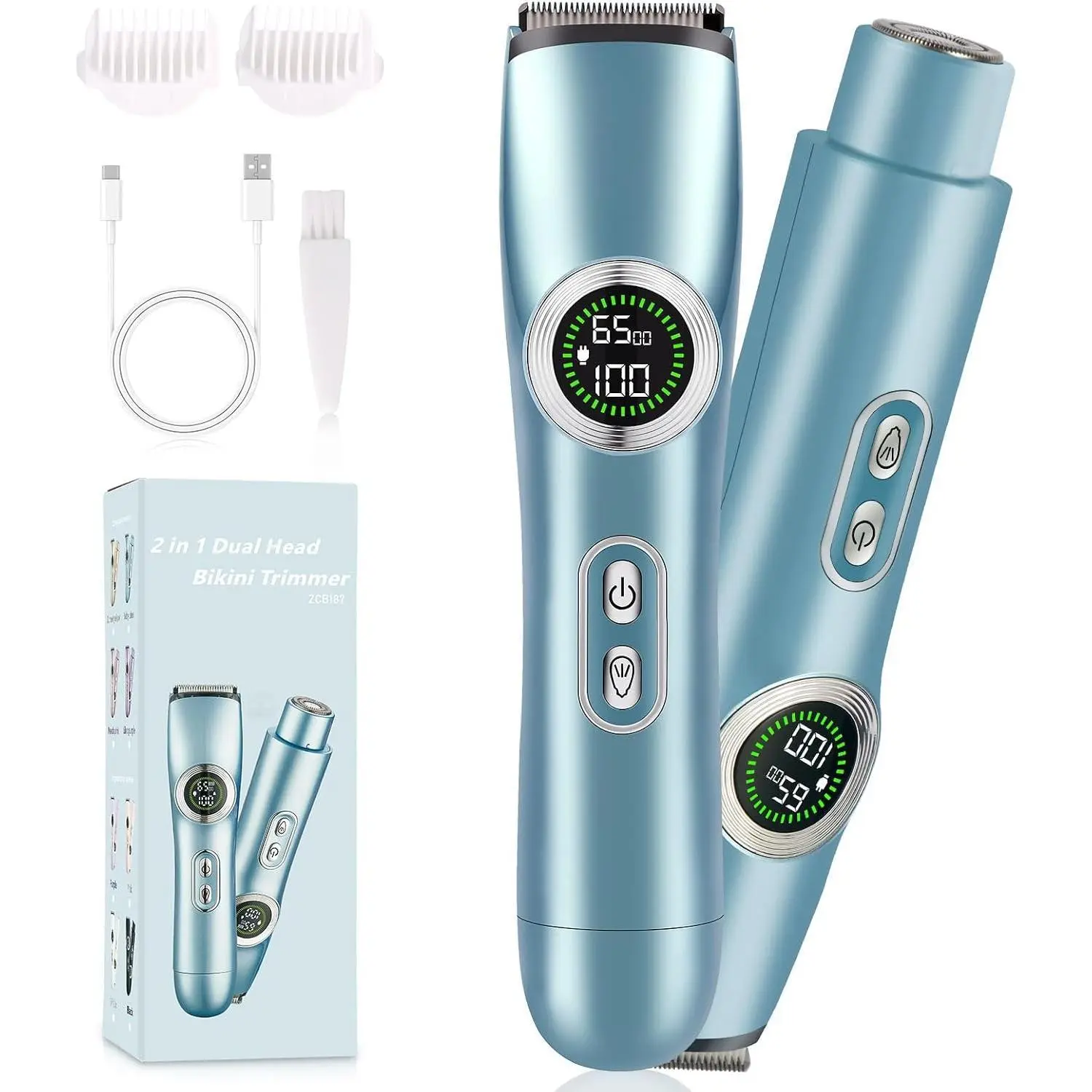 Bikini Trimmer for Women, Electric Shaver and Razor Rechargeable 2-in-1 Body and Facial Hair Removal Double Head for Painless Trimming of Pubic Face Underarm Legs, IPX6 Waterproof, pink Soft Blades Smooth