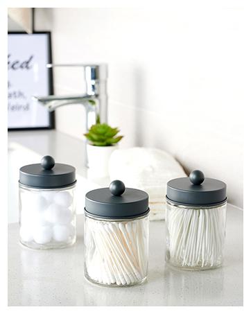 Apothecary Jars Bathroom Vanity Storage Organizer Set -Countertop Canister Plastic Acrylic Jar - Farmhouse Decor Qtip Holder for Cotton Swabs,Makeup Sponges,Flossers,Paper Clips -Black(2)