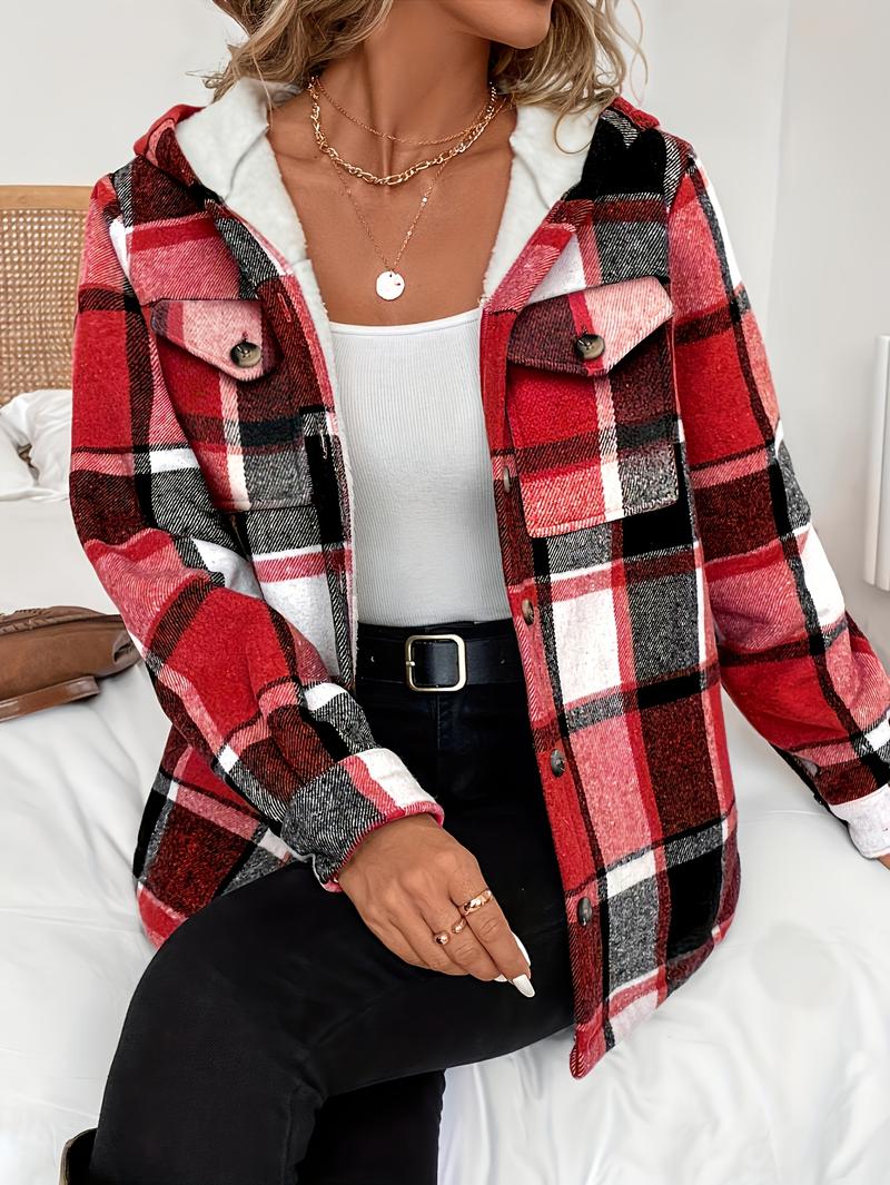 Women's Casual Plaid Hooded Jacket with Fleece Lining 100% Polyester Woven Shirt Button Detail All-Season Warmth Lightweight Outerwear Coats Fitted Khaki Long Sleeve Tops