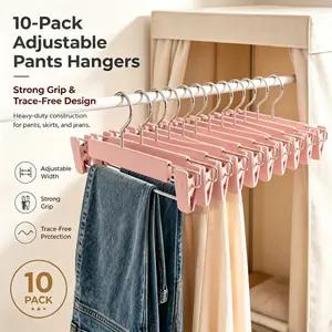10 Pcs Trace-Free Adjustable Clip Garment Hangers for Pants & Skirts, Easy to Hang & Retrieve Design, Perfect for Bedroom Closet, Laundry Room and Boutique Clothing Organizer