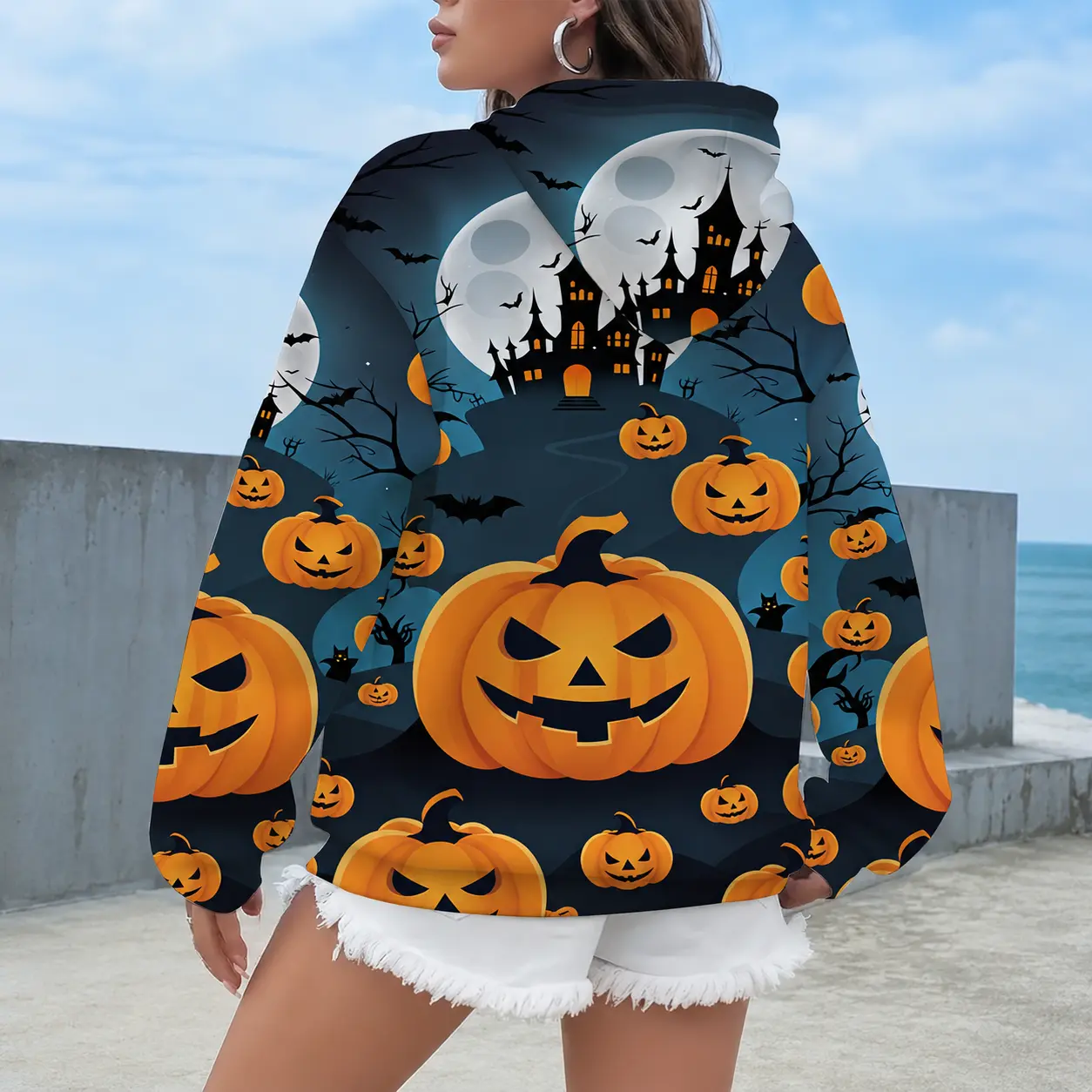 Women’s Blue Halloween Pumpkin Hoodie, Haunted House Moon Graphic Pullover Sweatshirt, Oversized Spooky Season Hooded Top for Fall Party, Trick or Treat, Pumpkin Patch, Casual Outfit