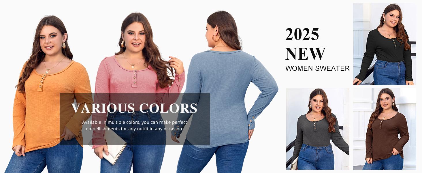 Women’s Plus Size Henley T Shirts Long Sleeve Button Down Tunic Blouse Loose Fit Tops Scoop Neck Ribbed Knit Shirts BBW Big Beautiful  Woman Over Size