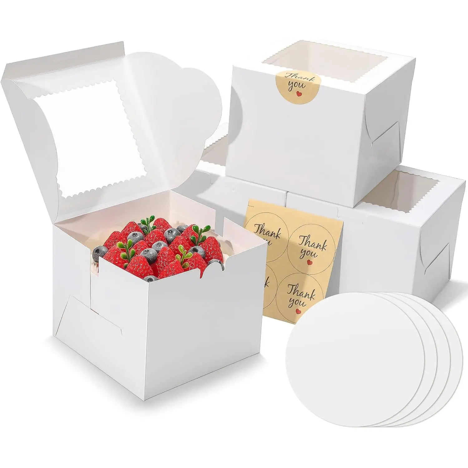 4Pack 6 inch Small Cake Boxes with Cake Board and Stickers | Mini White Bento Cake Box for Small Cakes, Cookies, Birthday, Party, Wedding, Mother's Day, Christmas(6x6x5 inch)