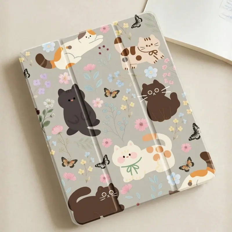 Tablet Case, Cute Floral Cat & Butterfly Design Cover for 2025 iPad Pro 11 Inch 8/9/10 Gen & iPad Air 5/Air6/Air7/Air8 10.9 Inch, Tri-Fold Stand Shockproof Protective Cover, Trendy Gift for Teen Girls & Cat Lovers