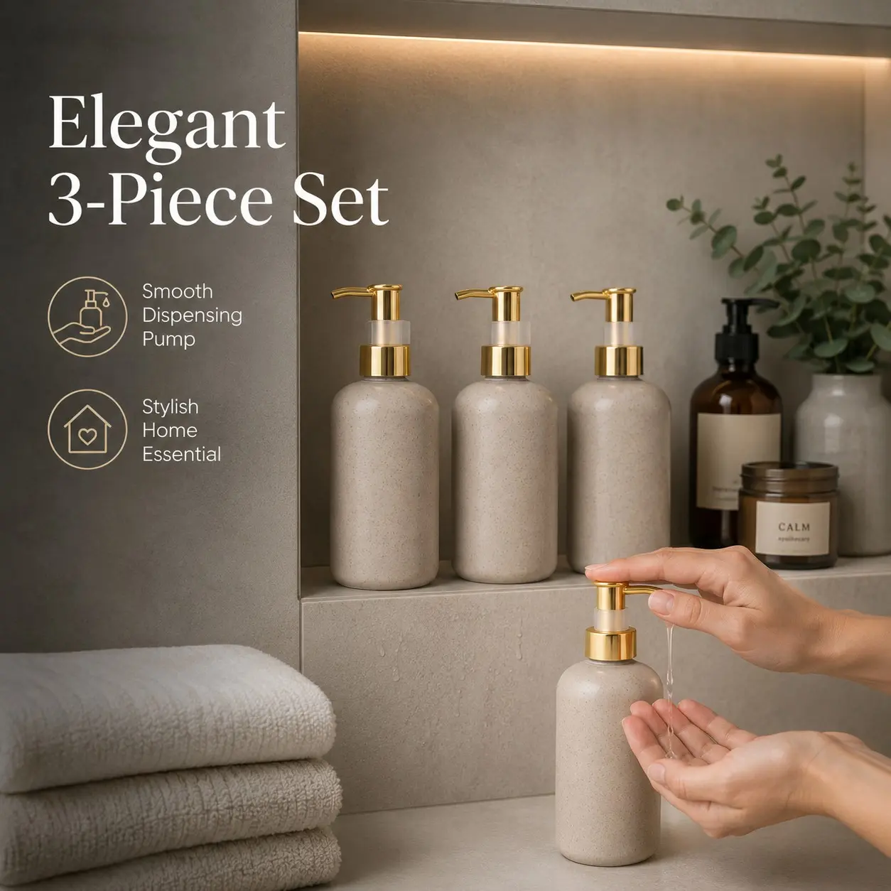 3 Pack Wheat Straw Liquid Soap Dispenser Bottles 250ml Refillable Lotion Pump Bottles with Gold Pump for Bathroom Kitchen Soap and Lotion Dispenser Set