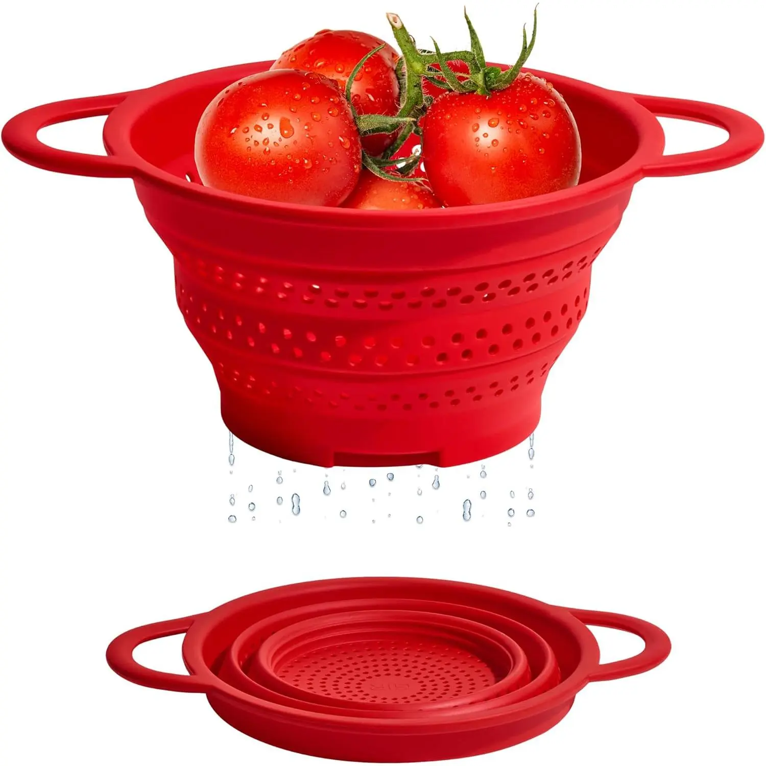 Collapsible Colander for Kitchen,  Strainer and Steamer, , Heat-Resistant, Space-Saving Collapsible Strainer with Stainless Steel Rim, Dishwasher Safe - Red
