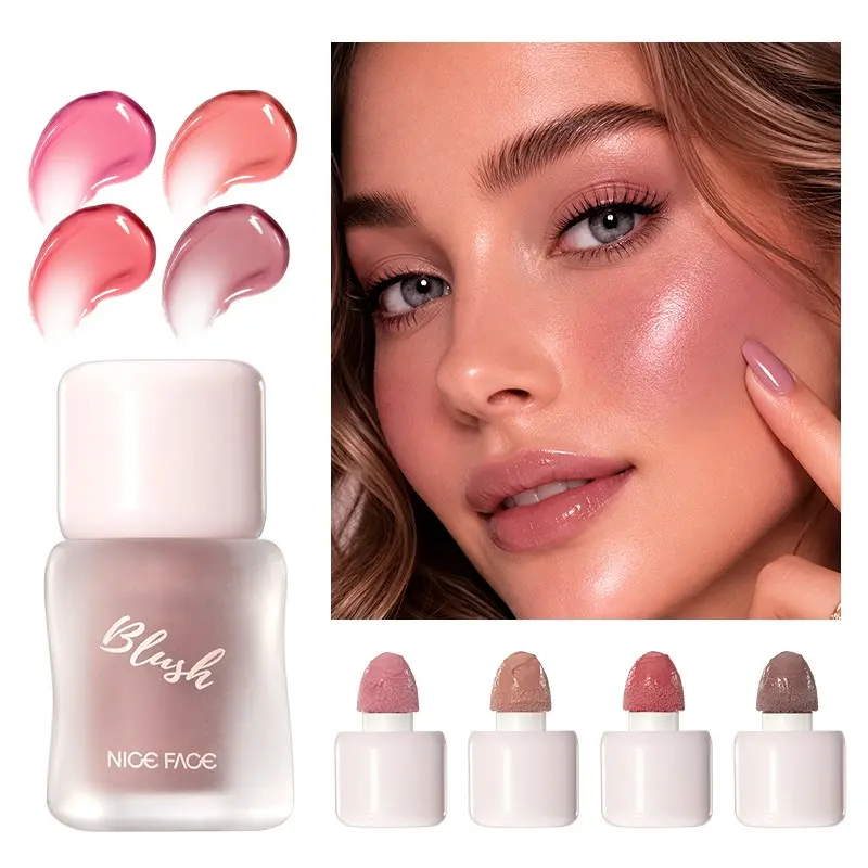 Three-In-One Multifunctional Liquid Blush, Lightweight Hydrating Blush for Cheeks, Lips, and Eyes, with Mushroom Sponge Applicator