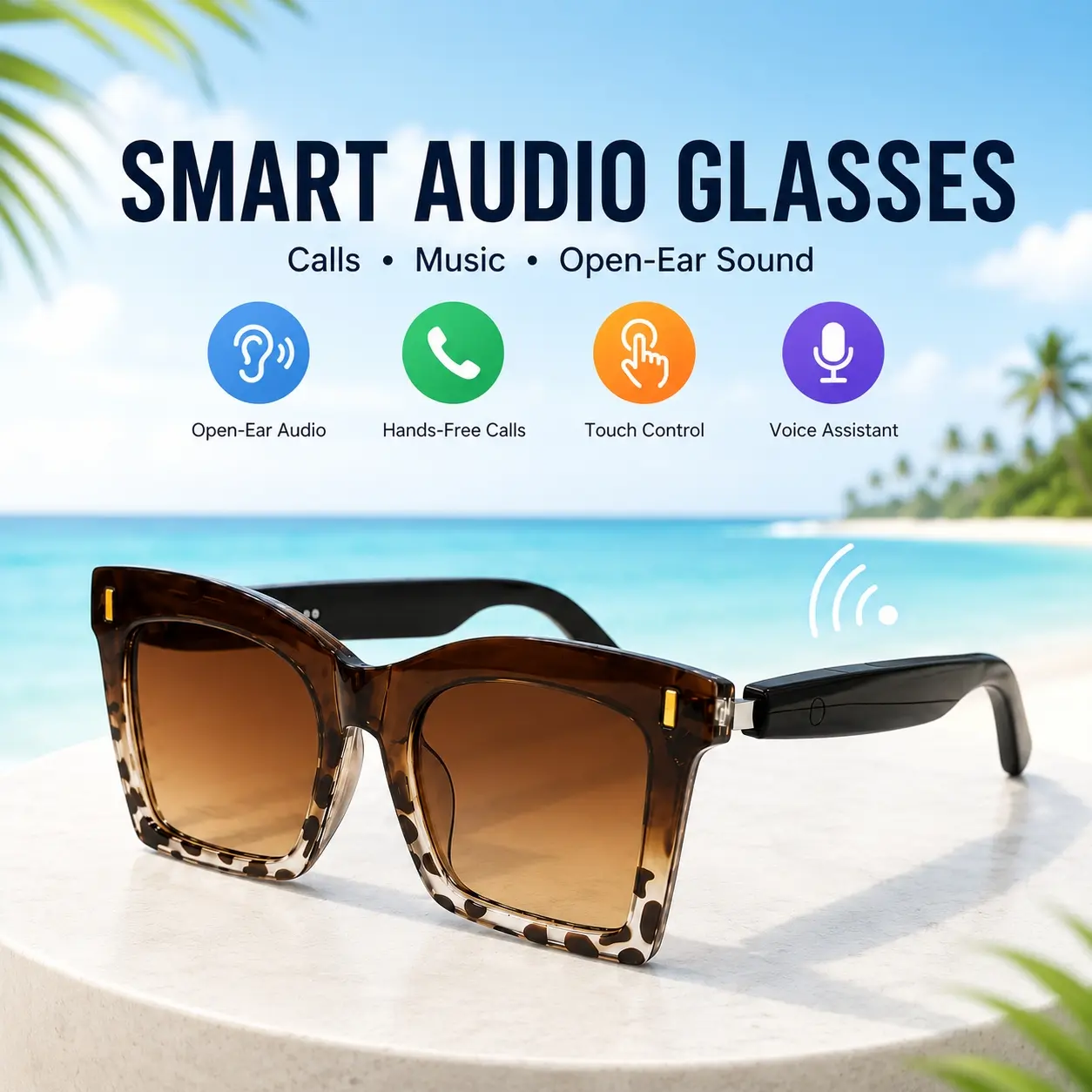 Smart Glasses, Bluetooth Sunglasses with Open-Ear Audio, Built in Speakers & Mic, Voice Assistant, Touch Control, UV Protection for Driving and Travel