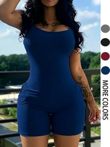 Fashion Adjustable Strap Jumpsuit, Plain Color Slim Fit Pocket Sleeveless Women's, Casual Long/regular Pants_length Design