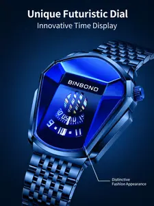 Cool Mech Men's Quartz Watch, Blue Light Cut Diamond Case, No Pointer, Roller Time Display, Stainless Steel Band, 30m Waterproof, Trendy Gift